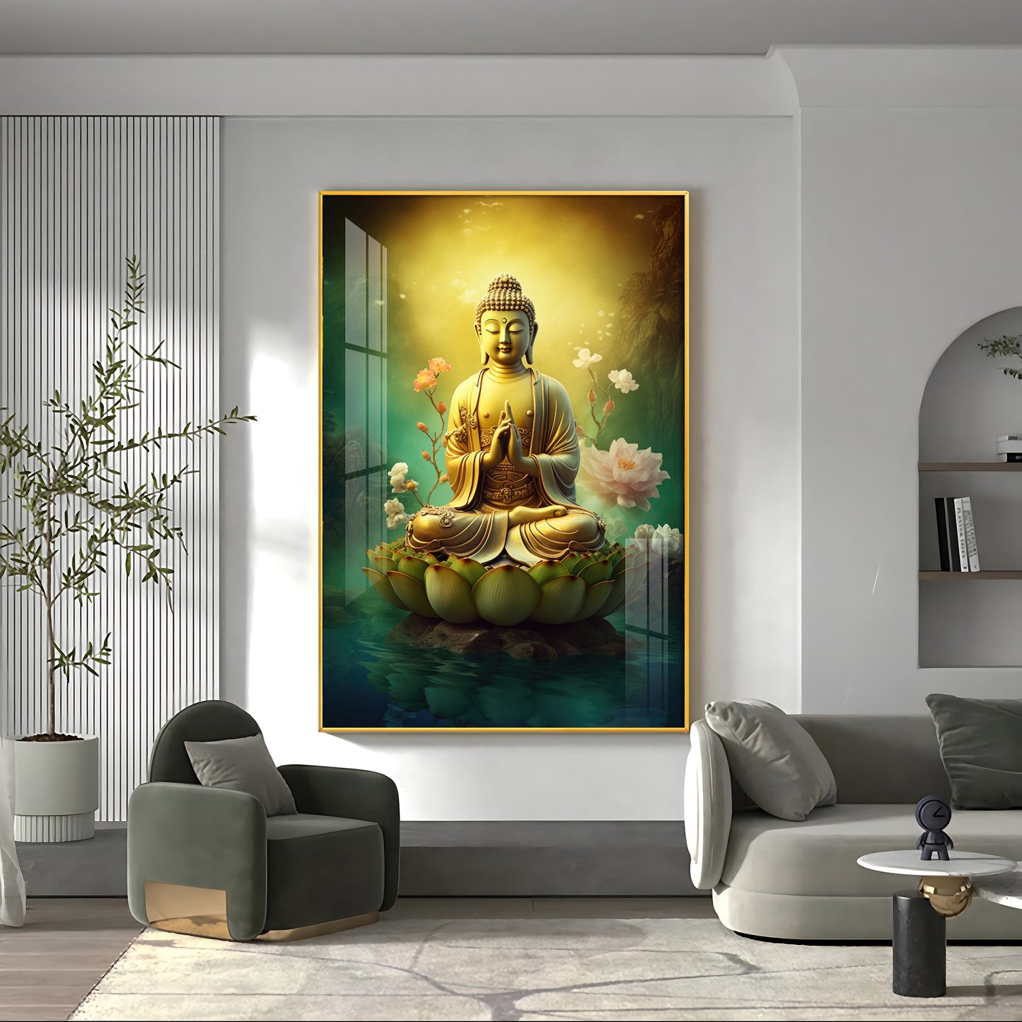 Buddha Lotus Harmony Glass Finish Vertical Wall Art