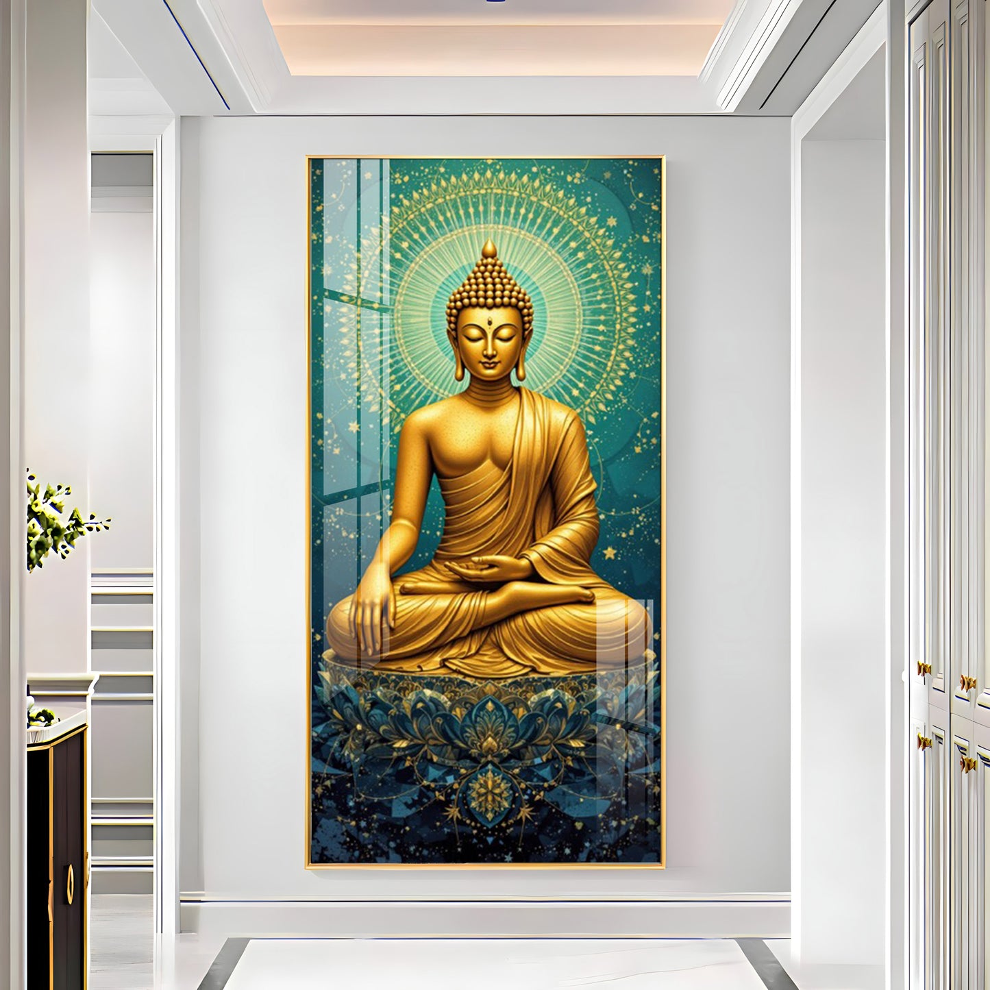 Golden Buddha's Energetic Wisdom Glass Finish Vertical Wall Art
