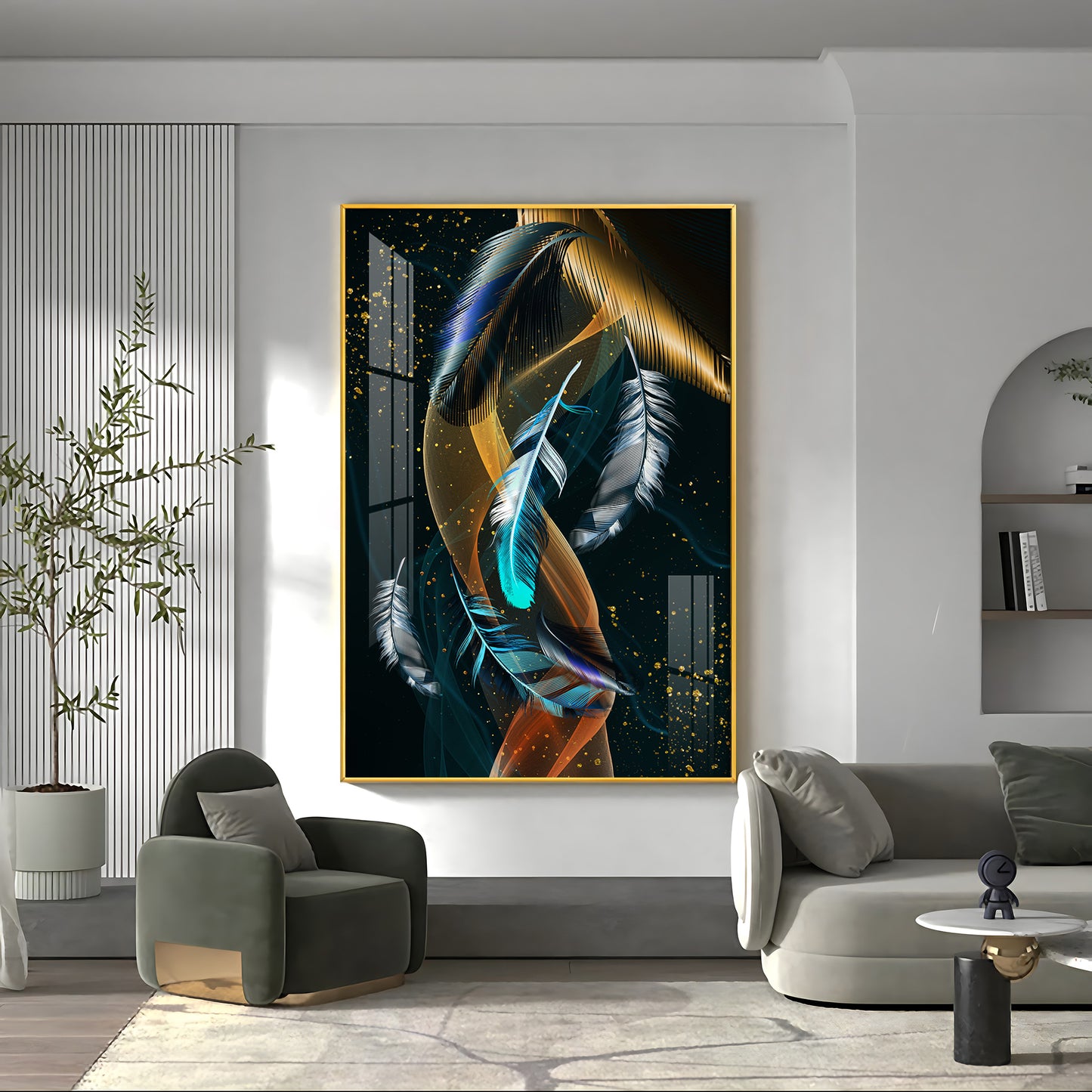 Feathered Whispers Glass Finish Vertical Wall Art