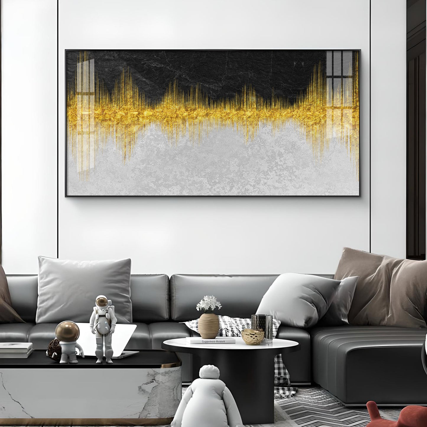Abstract Marble Golden Black Glass Finish Horizontal Wall Art