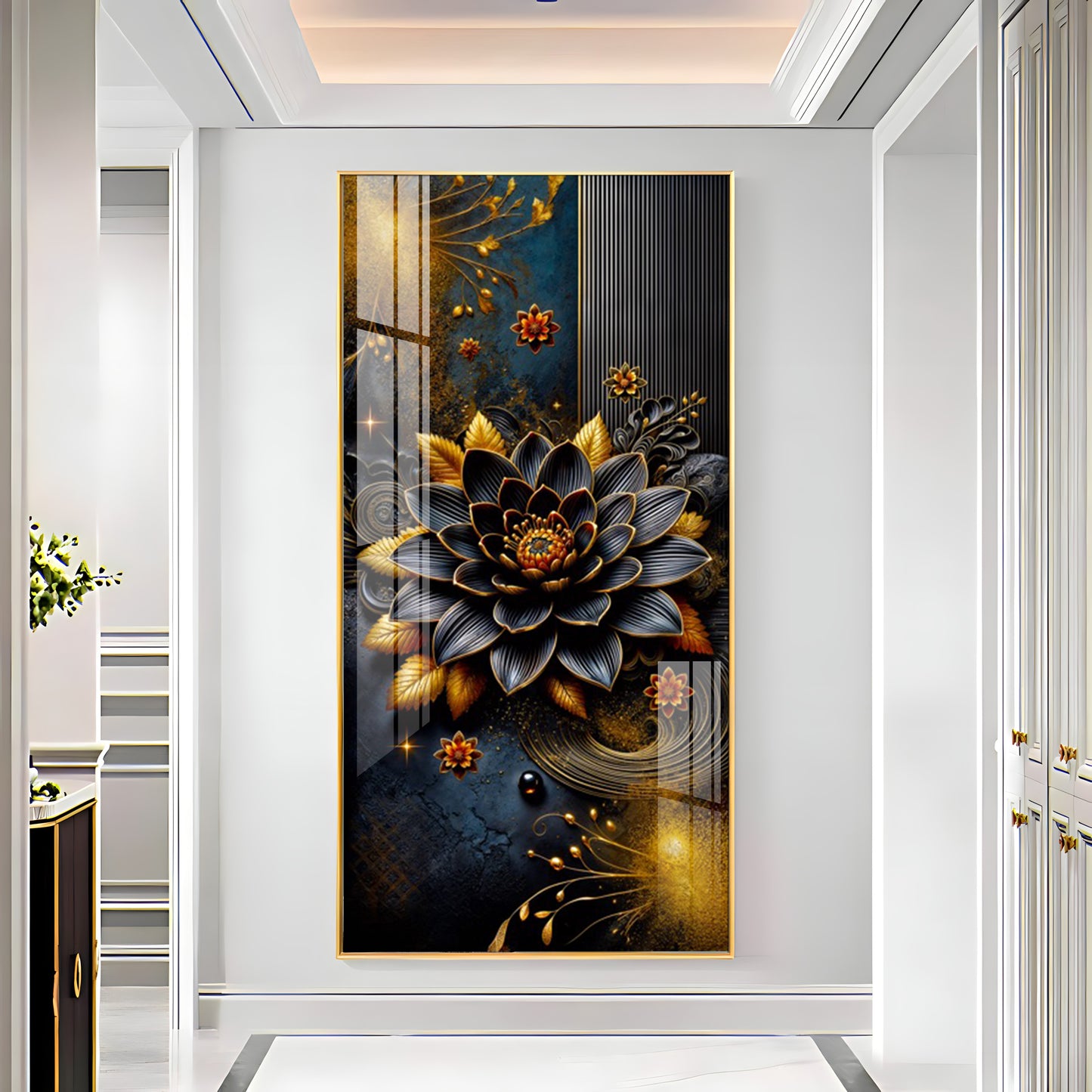 Surreal Black Flower Glass Finish Vertical Wall Art