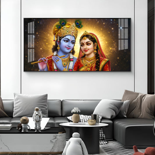 Sri Radhe Krishna Loving Charm Glass Finish Horizontal Wall Art