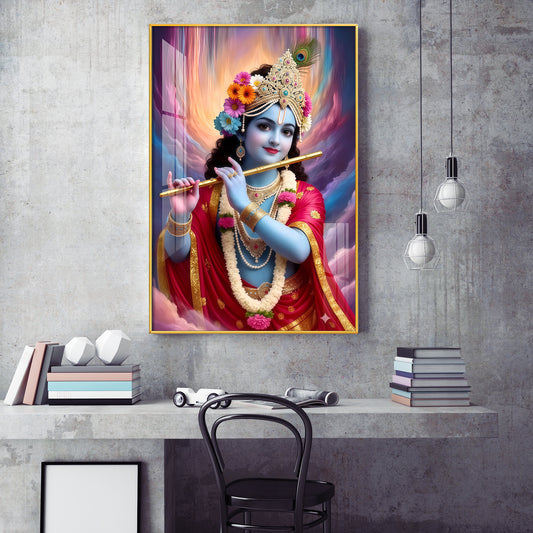 Colorful Krishna Ji Glass Finsih Vertical Wall Art