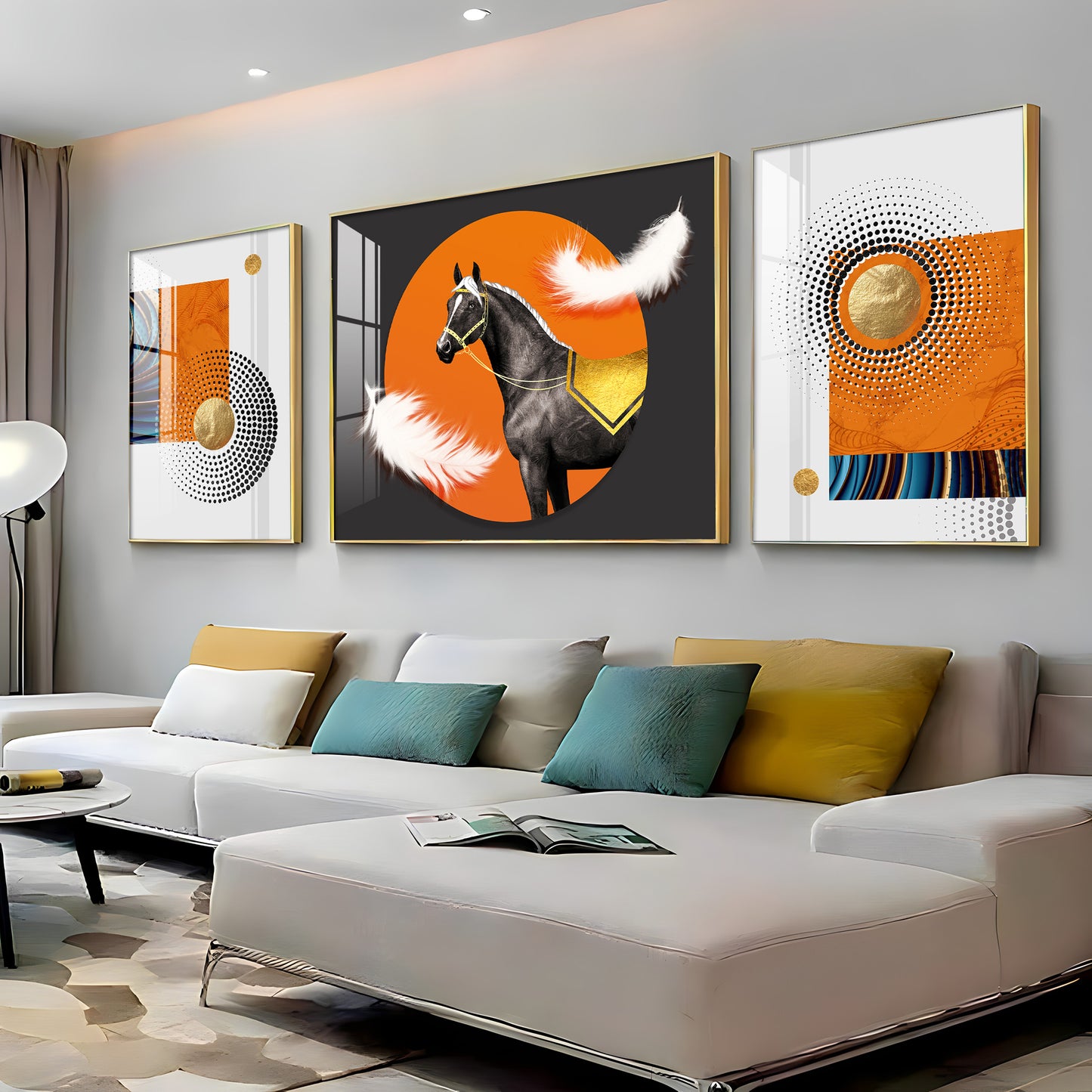 Horse & Feather Glass Finish Wall Art (Set Of 3)