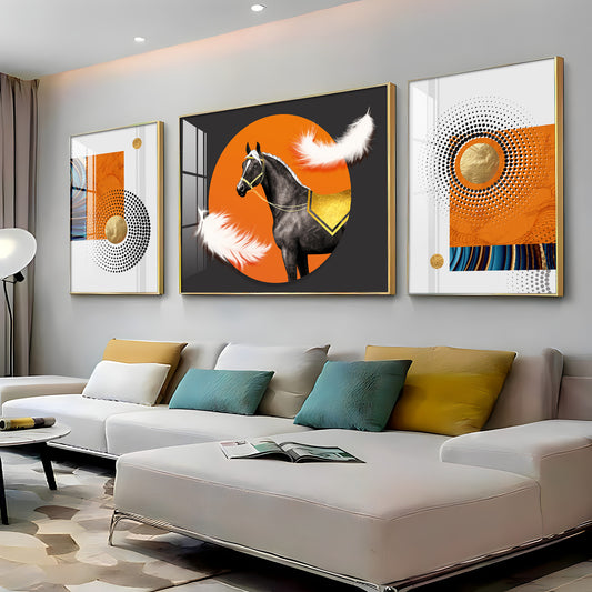 Horse & Feather Glass Finish Wall Art (Set Of 3)