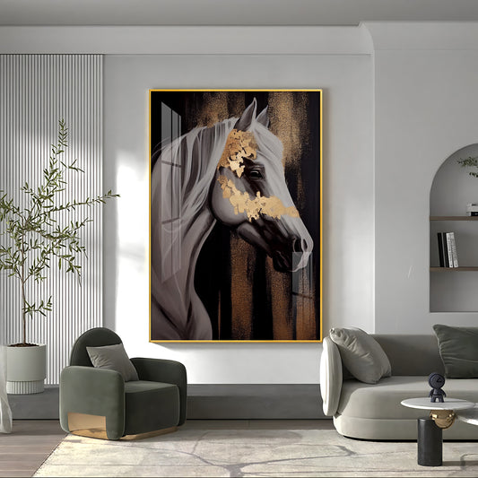 Whispers of Gold Horse Glass Finish Vertical Wall Art