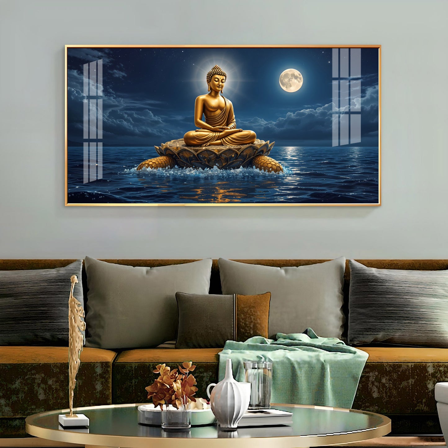 Buddha Sitting Peacfully Glass Finish Horizontal Wall Art