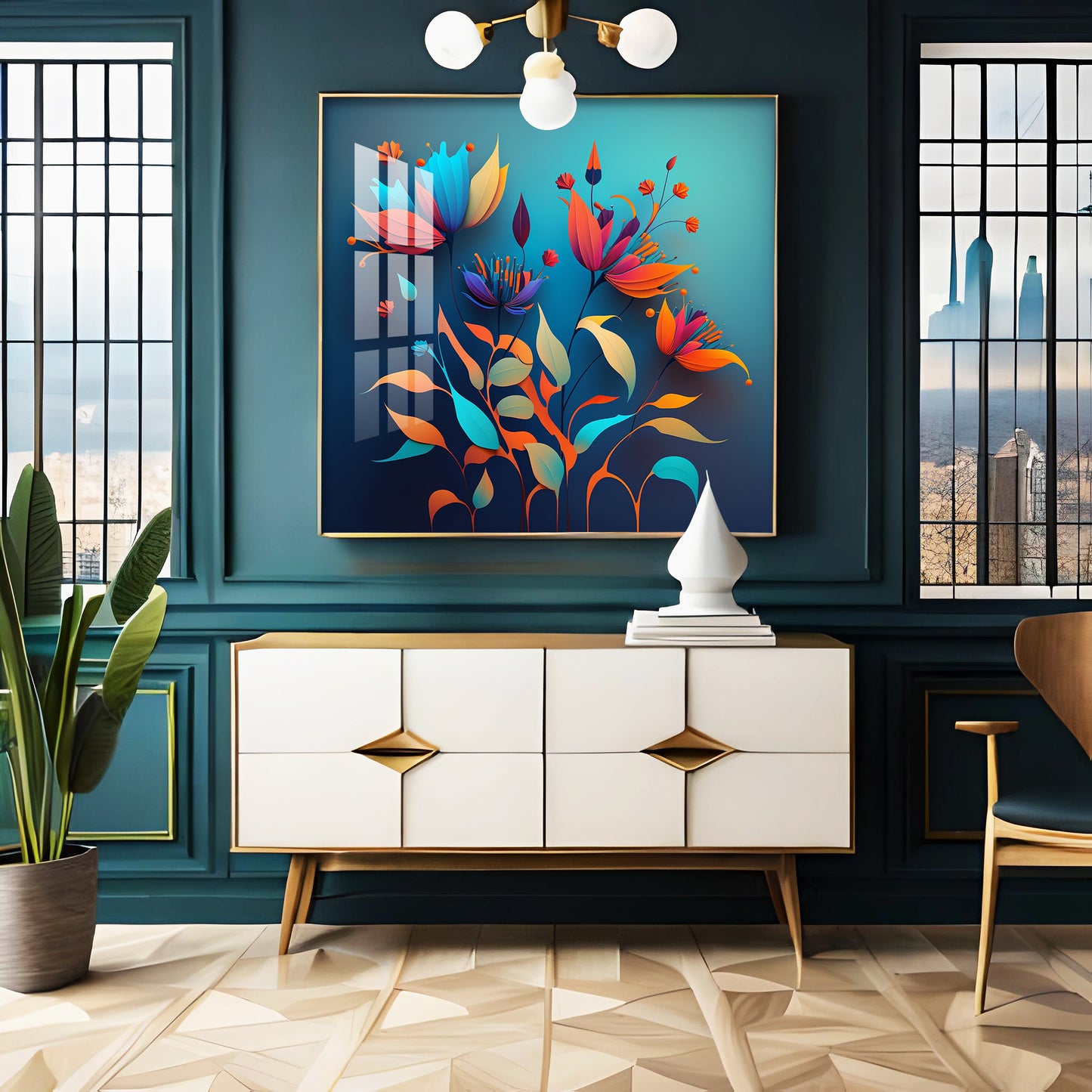 Shadowed Blooms Glass Finish Square Wall Art