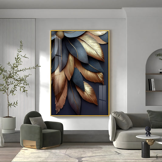 Golden Petal Elegance Glass Finish Vertical Wall Art