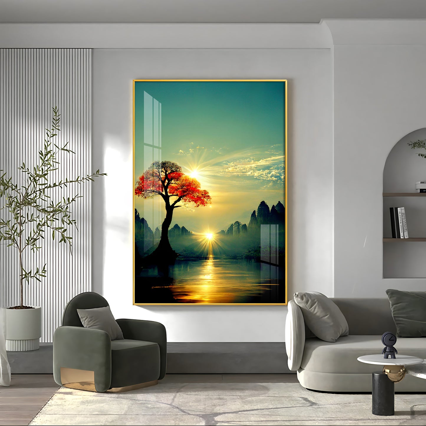 Golden Vista Glass Finish Vertical Wall Art