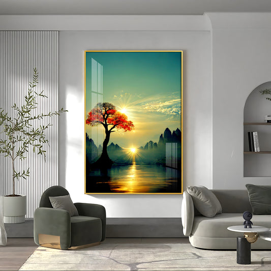 Golden Vista Glass Finish Vertical Wall Art