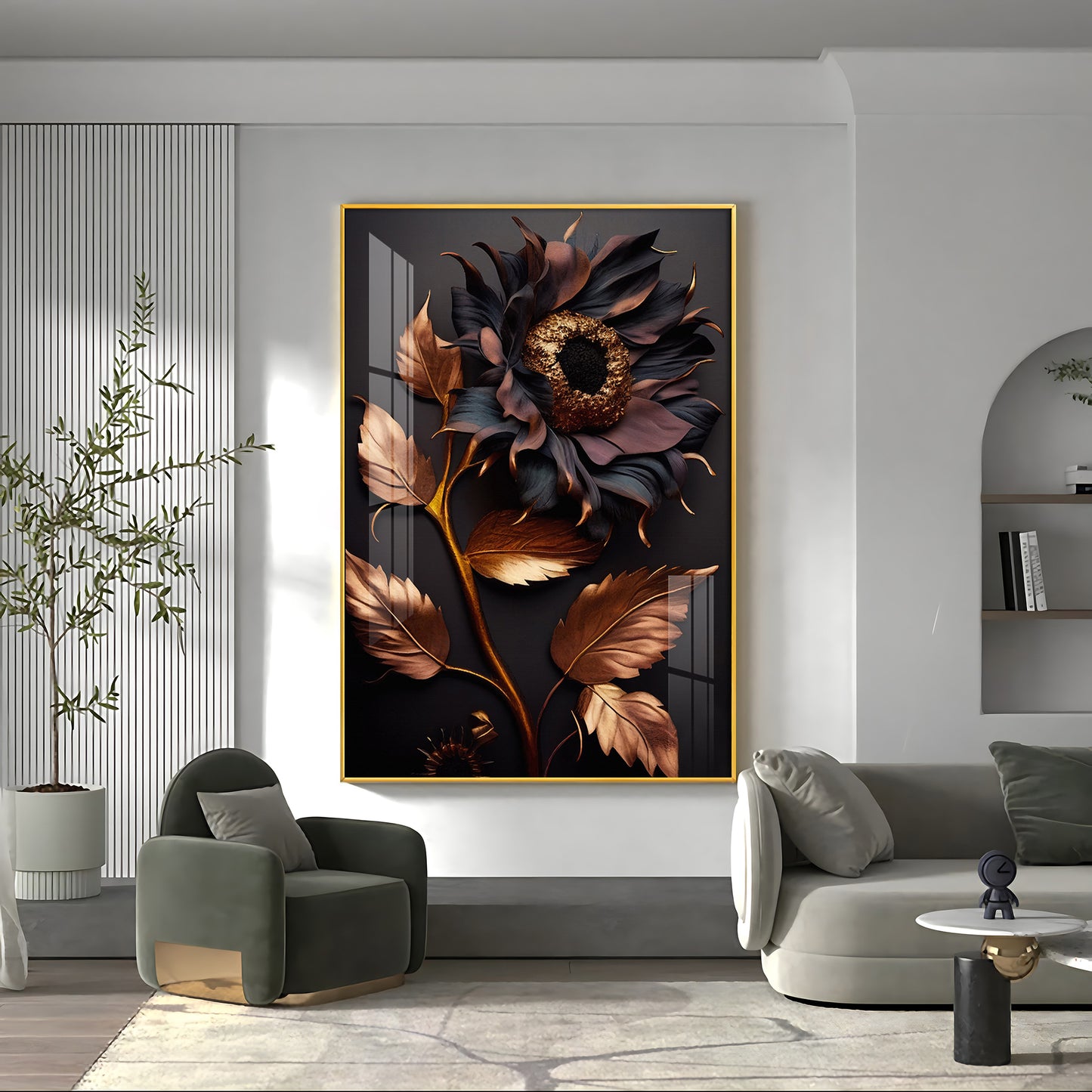 Midnight Sunflower Elegance Glass Finish Vertical Wall Art
