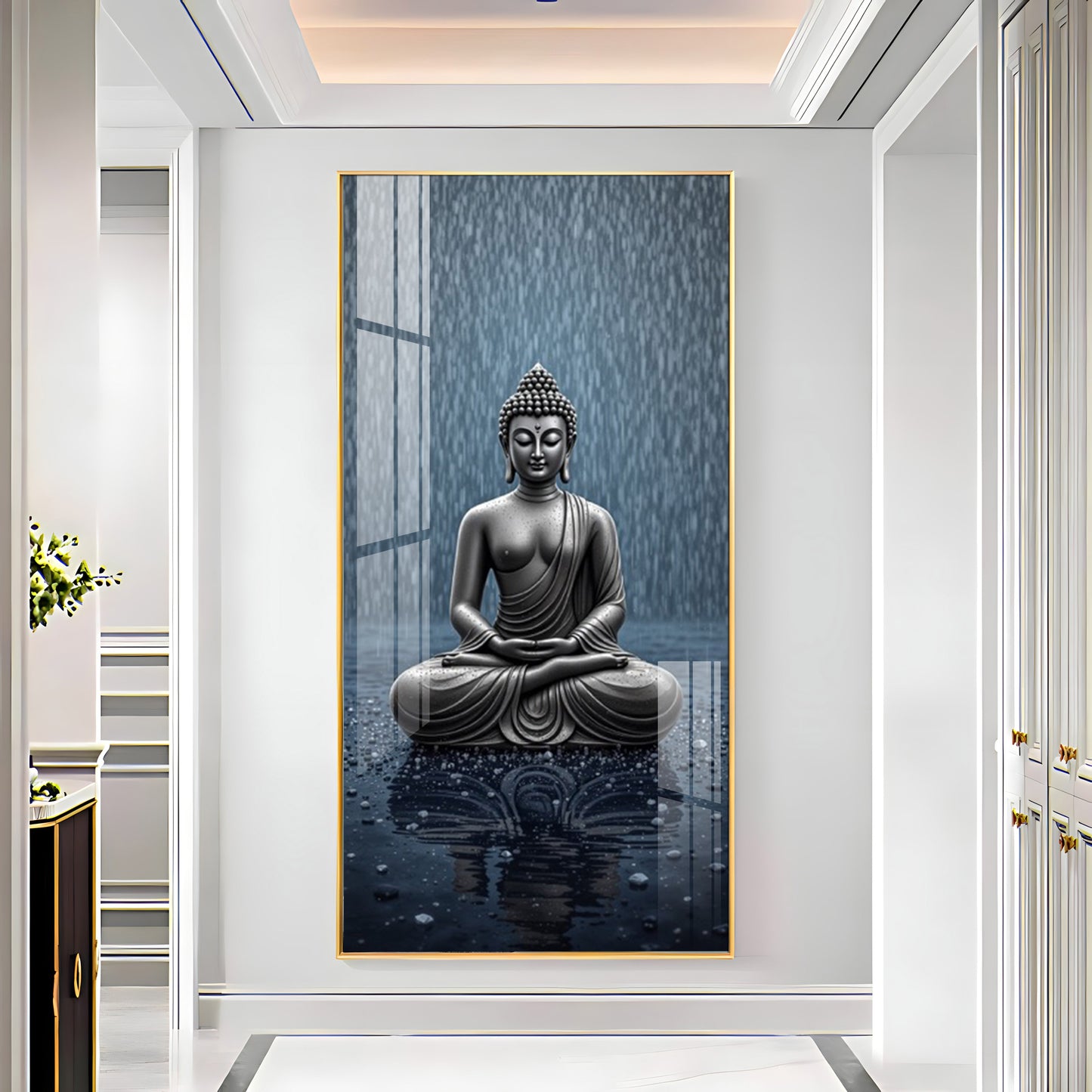 Sacred Budha Meditation Glass Finish Vertical Wall Art