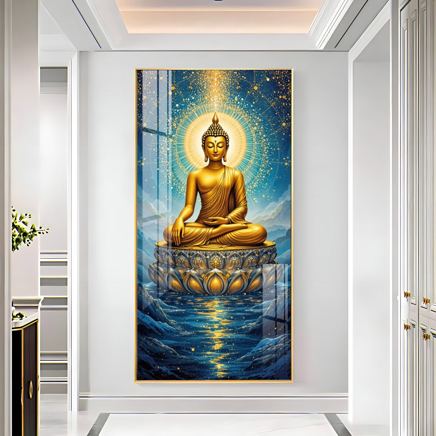 Calm Buddha In River Glass Finish Vertical Wall Art