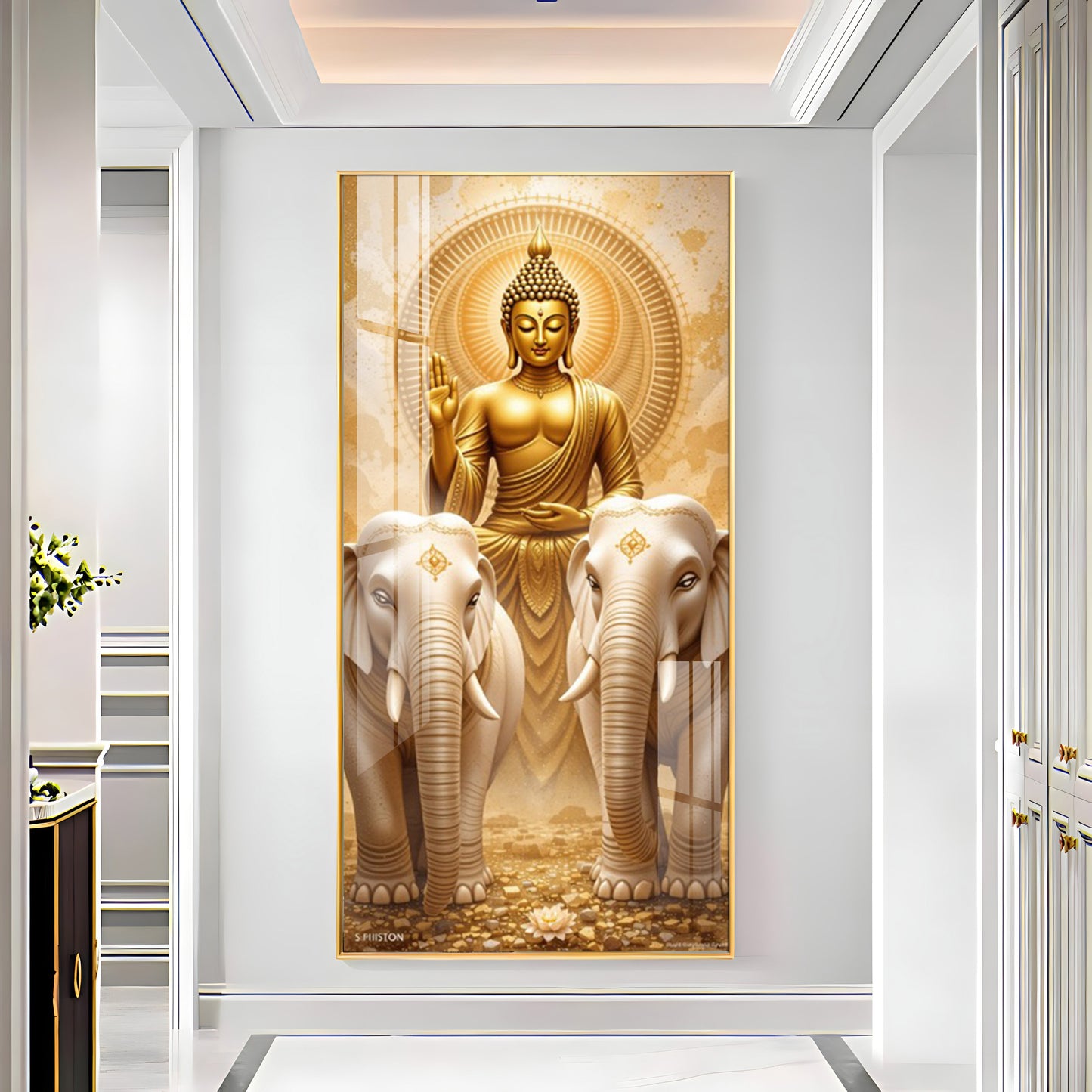 Meditating Budha With Alpha Elephant Glass Finish Vertical Wall Art