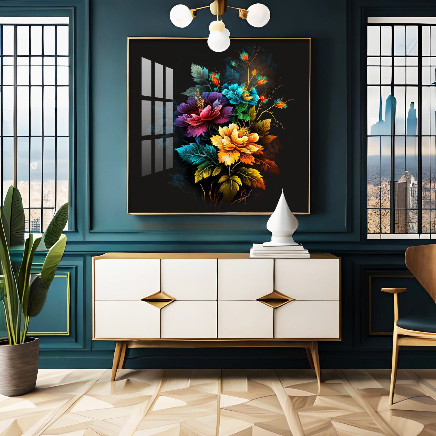 Dark Floral Symphony Glass Finish Square Wall Art