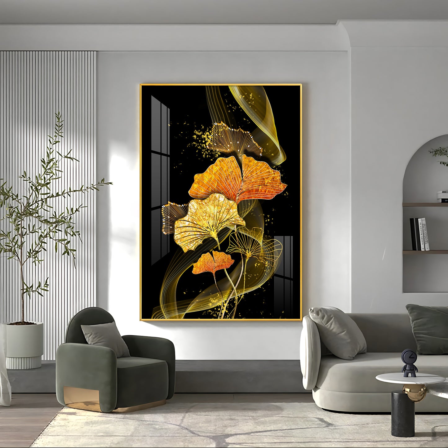 Golden Elegance Bloom Glass Finish Vertical Wall Art