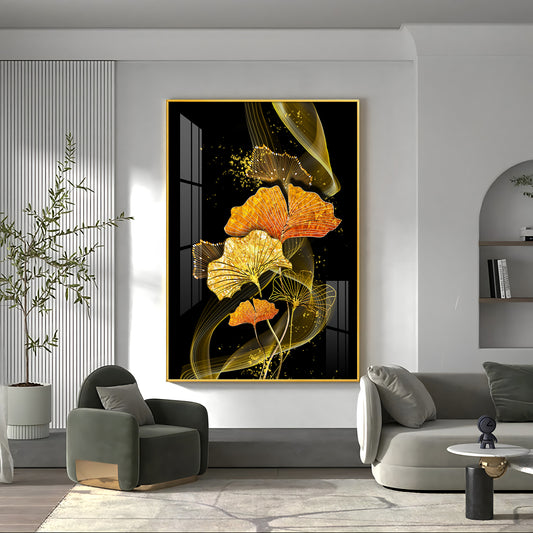 Golden Elegance Bloom Glass Finish Vertical Wall Art