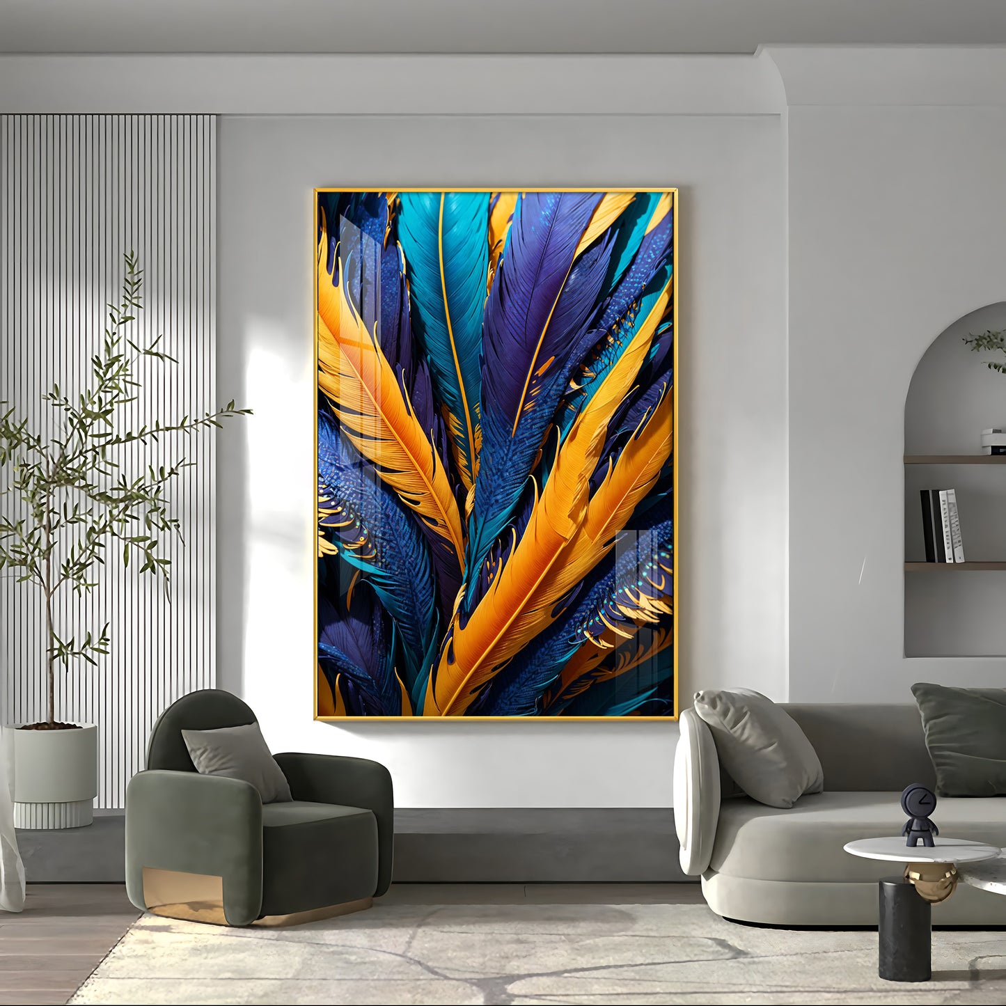 Feathered Radiance Glass Finish Vertical Wall Art