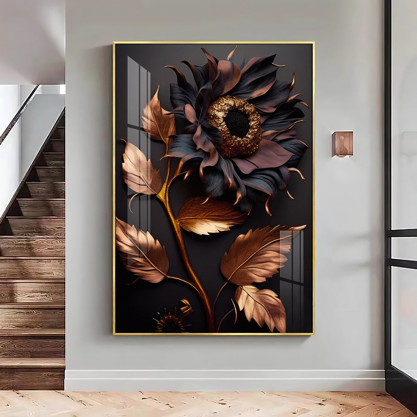 Midnight Sunflower Elegance Glass Finish Vertical Wall Art
