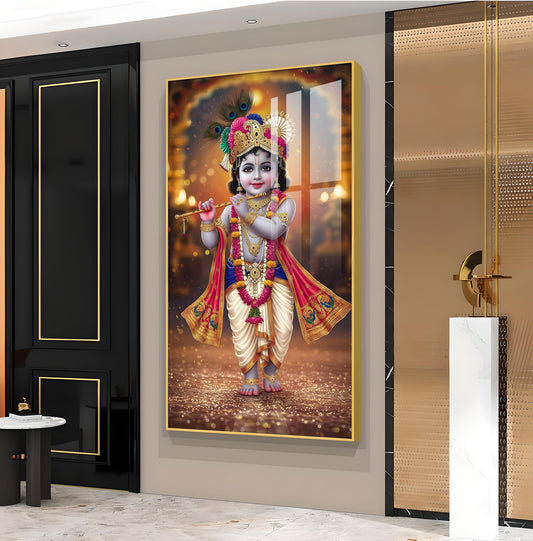 Divine Little Krishna Glass Finish Vertical Wall Art