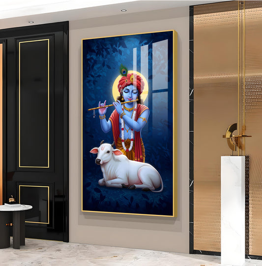 Hindu God Krishna Glass Finish Verticall Wall Art