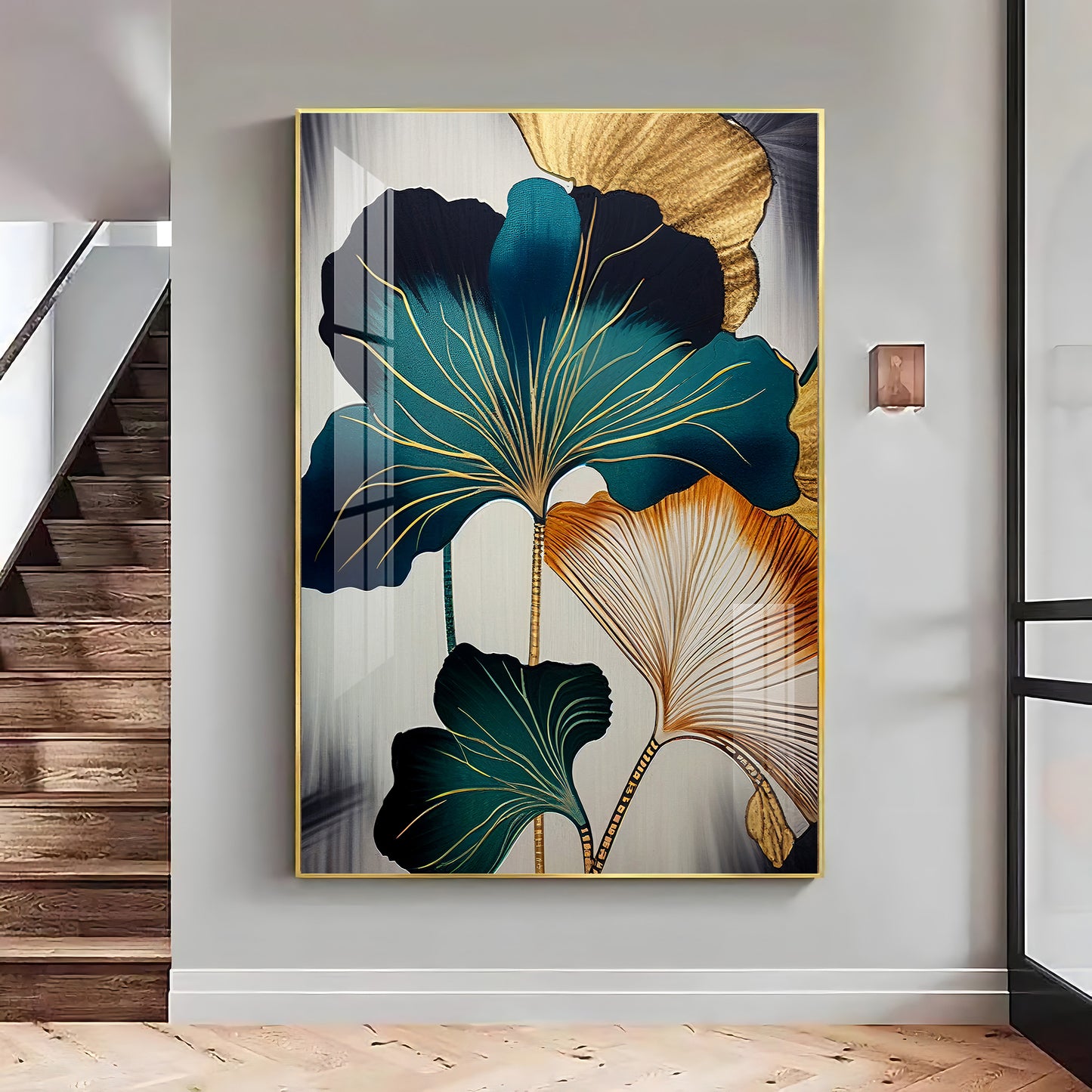 Green And White Petals Glass Finishh Vertical Wall Art