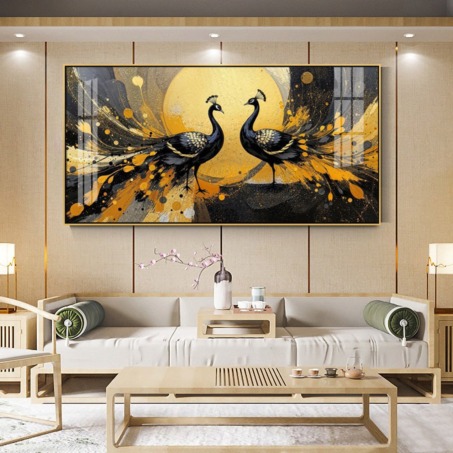 Abstract Two Peacock Looking Each Other Glass Finish Horizontal Wall Art