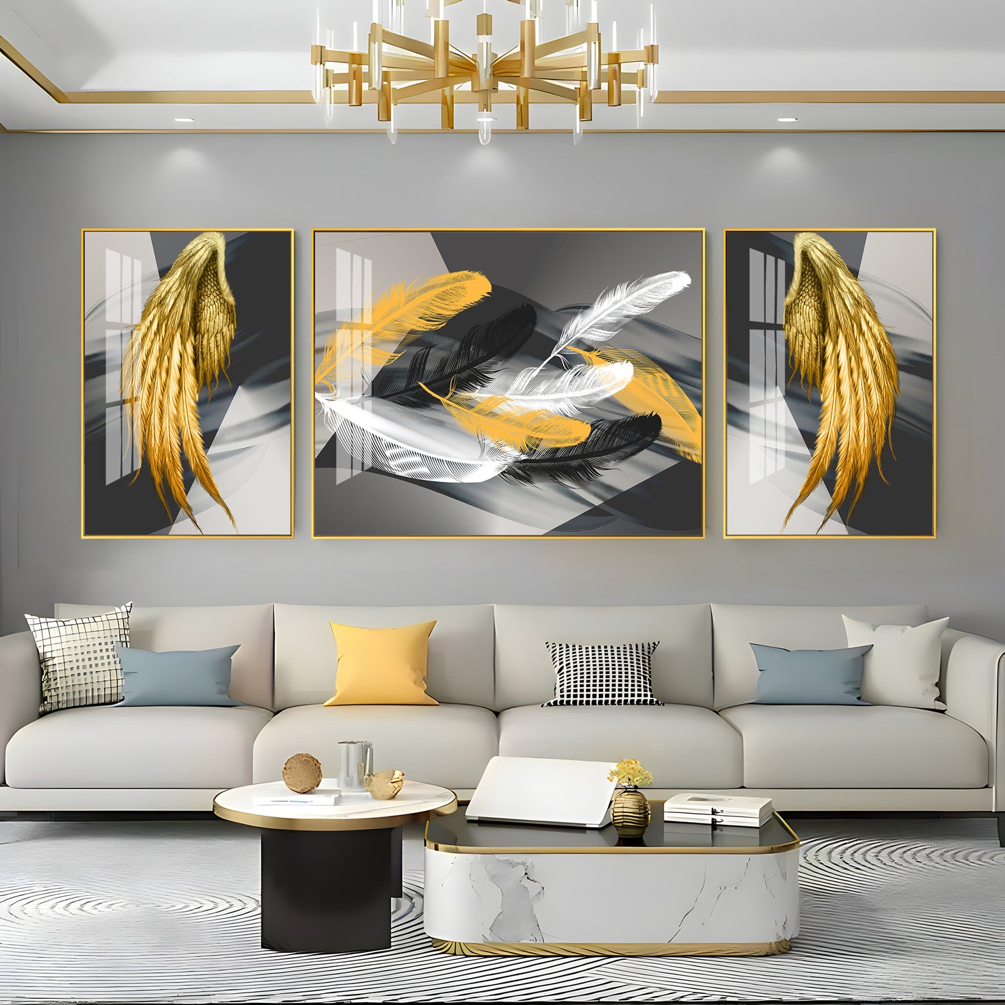 Golden & White Feather Glass Finish Wall Art (Set Of 3)