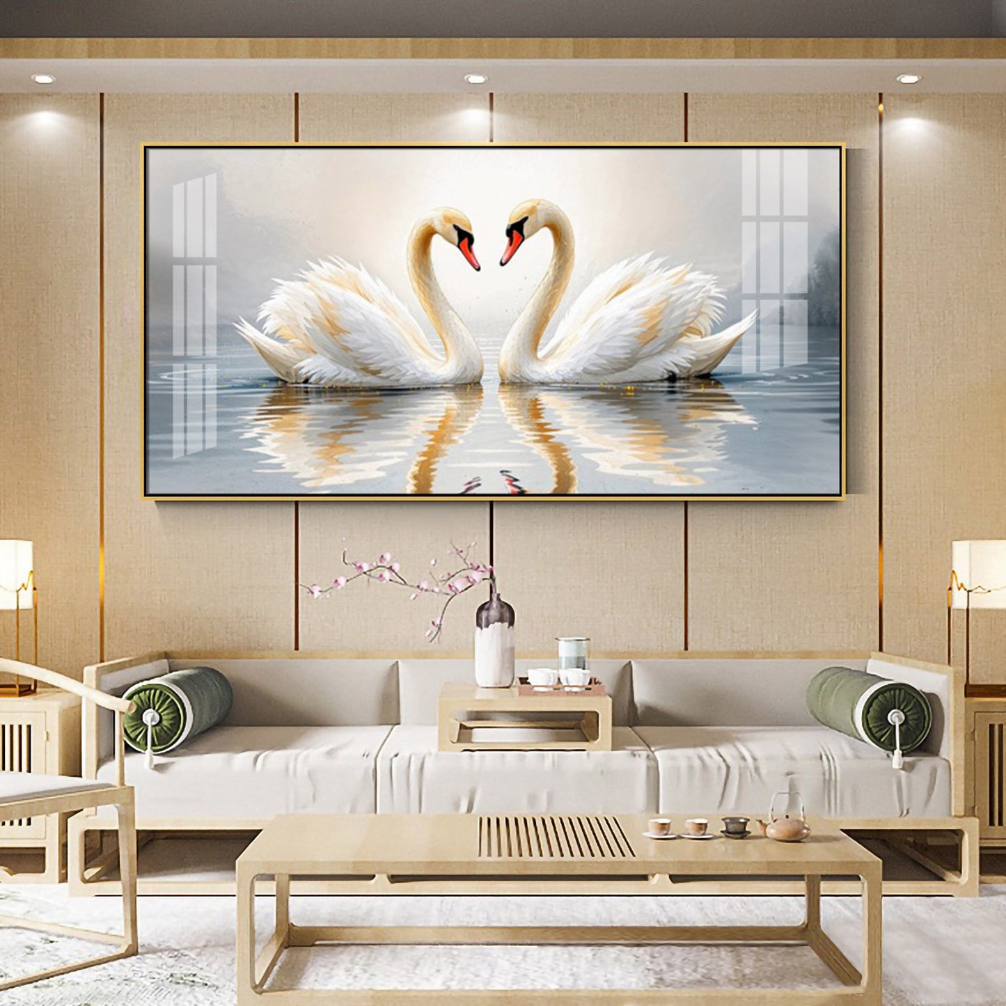Two White Swan Glass Finish Horizontal Wall Art