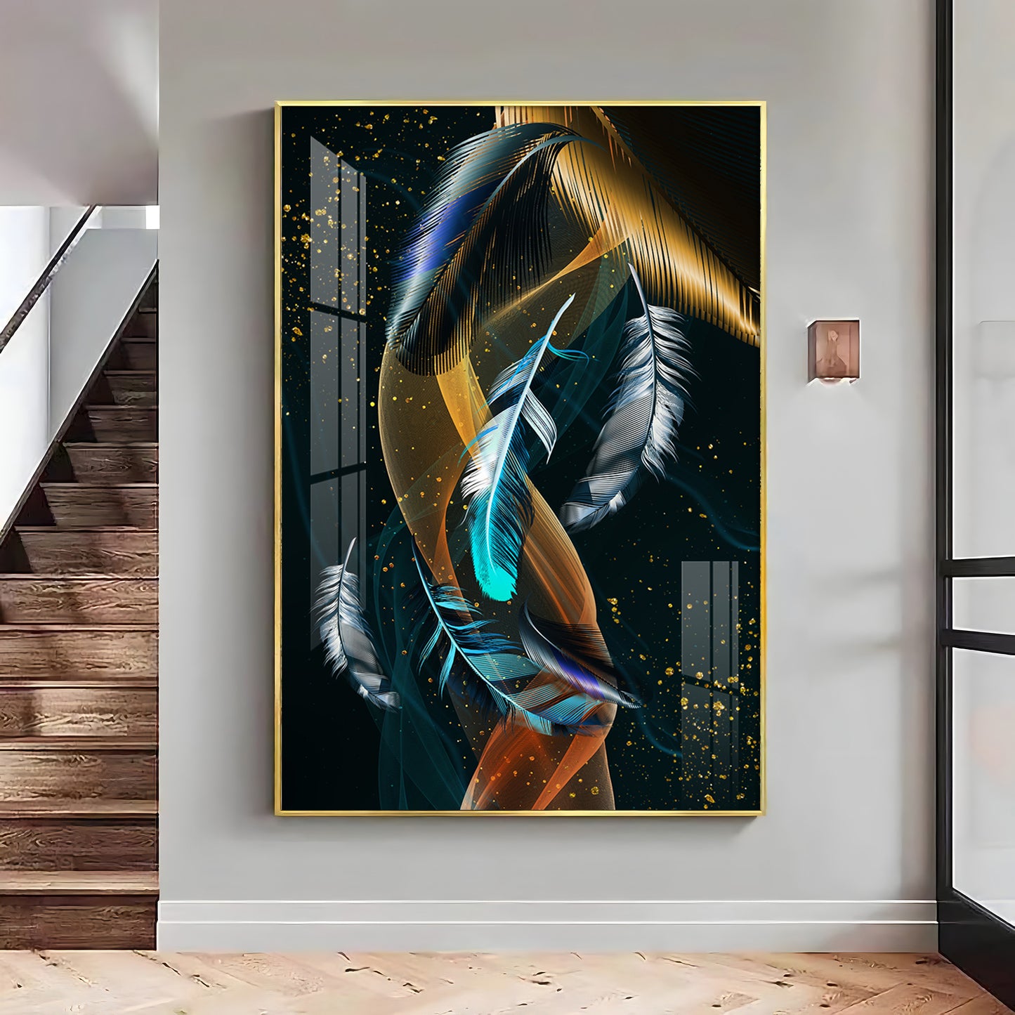 Feathered Whispers Glass Finish Vertical Wall Art