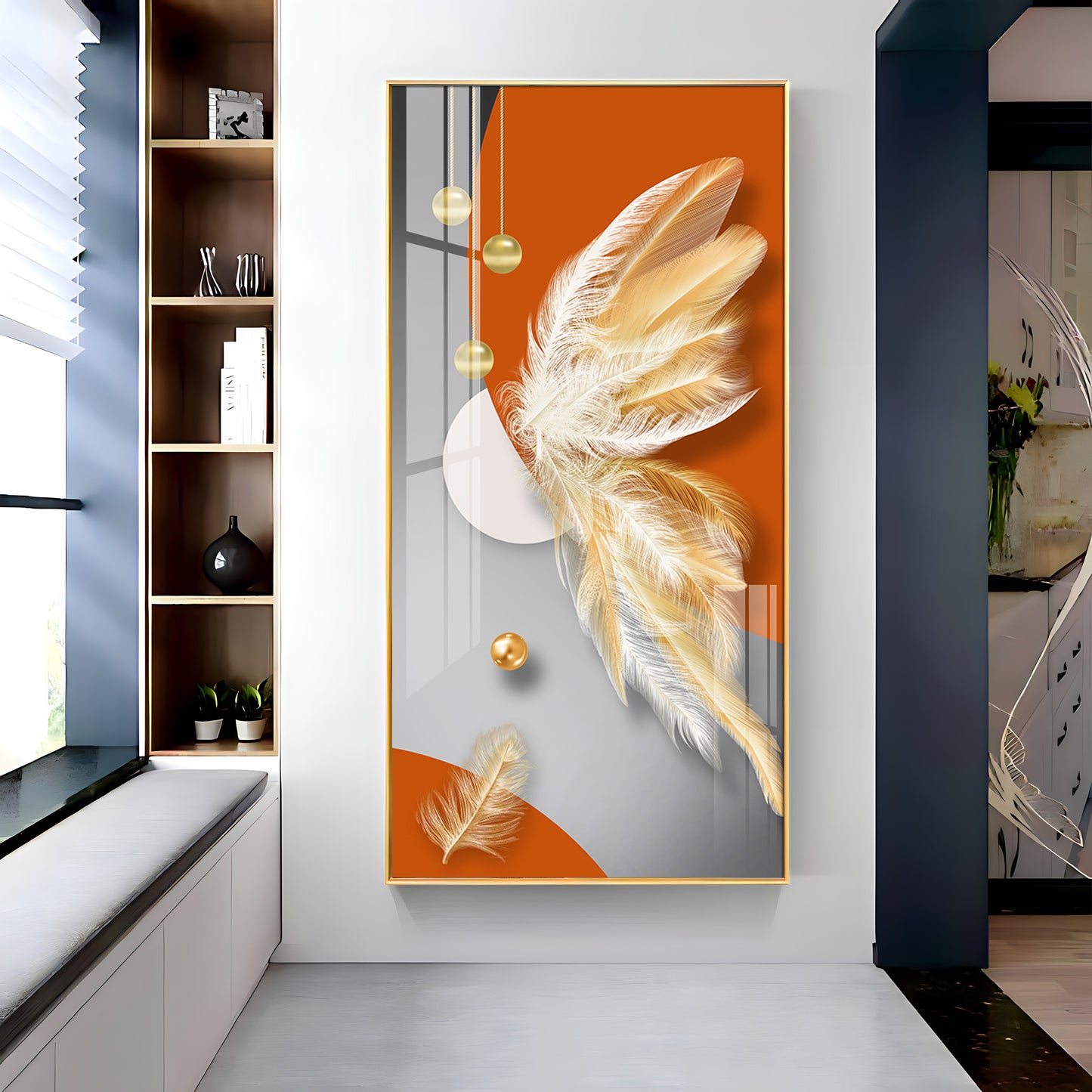 Whimsical Feather Glass Finish Vertical Wall Art