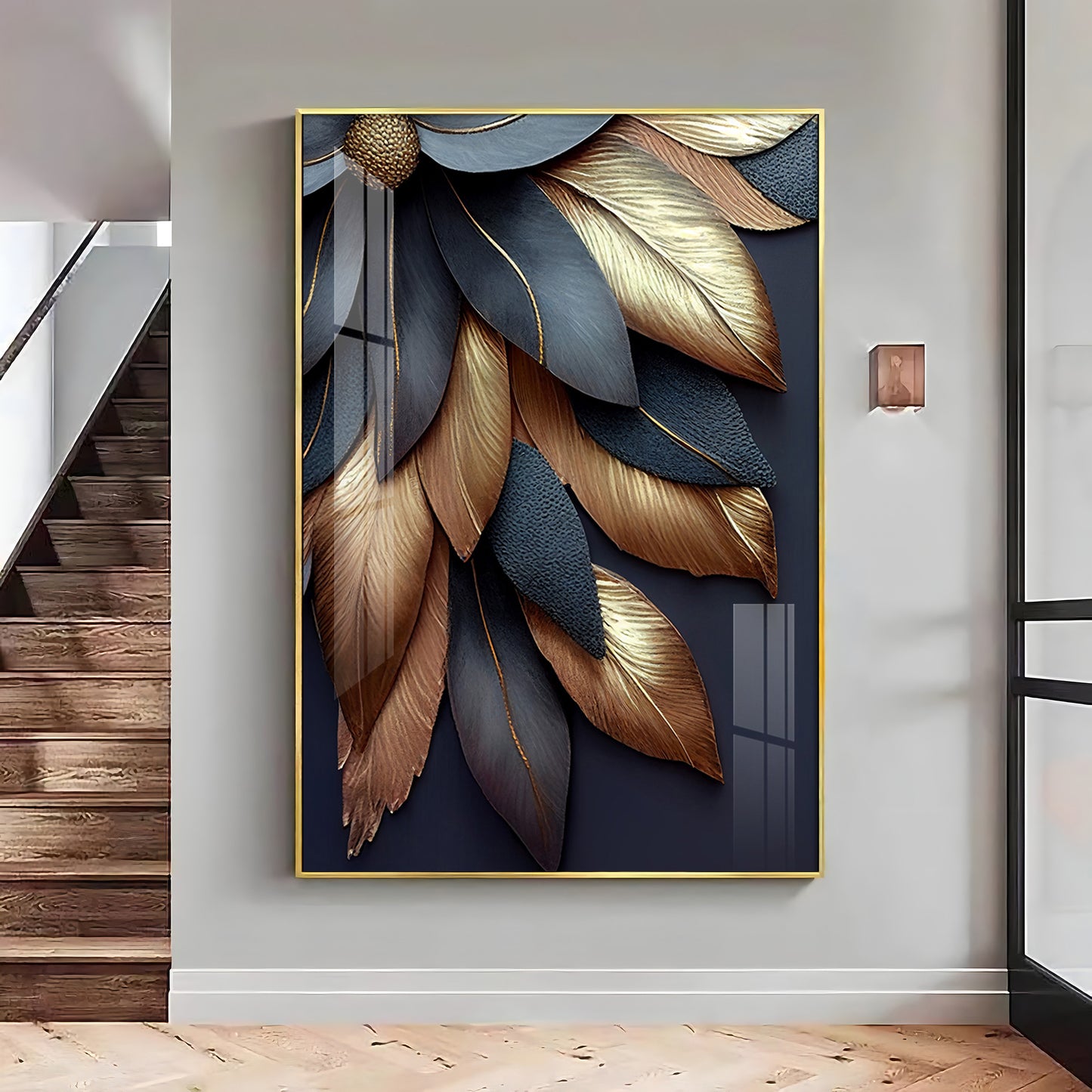 Golden Petal Elegance Glass Finish Vertical Wall Art