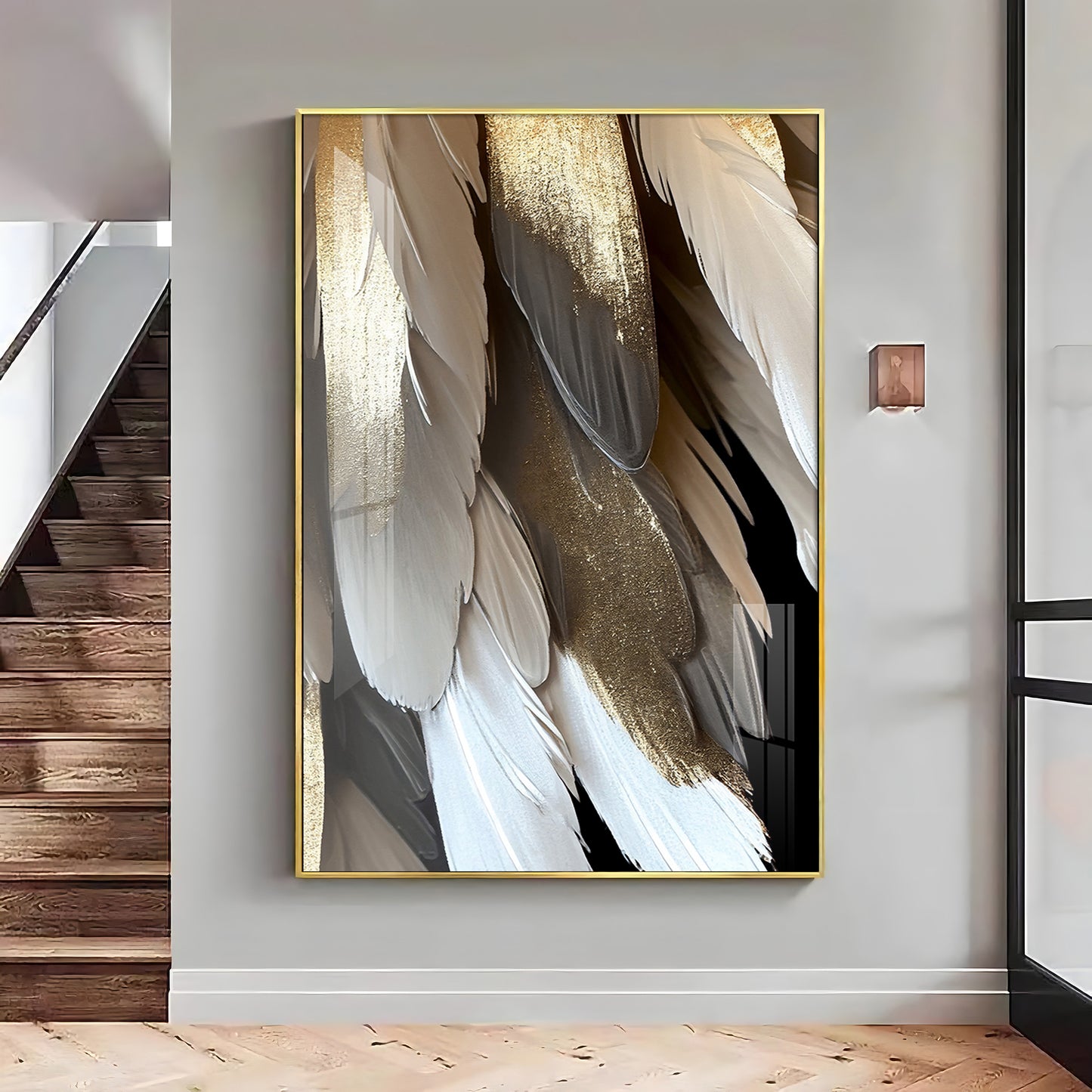 Golden Whisper Elegance Glass Finish Vertical Wall Art
