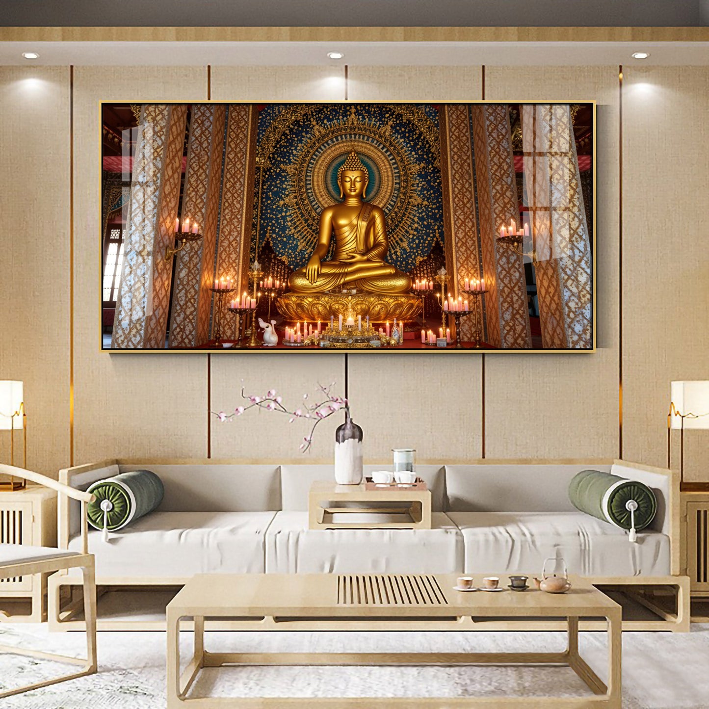 Buddha In Golden Incarnation Glass Finish Horizontal Wall Art