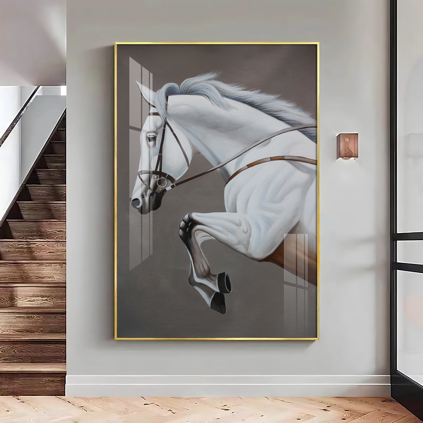 Black & Gold Harmony Horse Glass Finish Vertical Wall Art