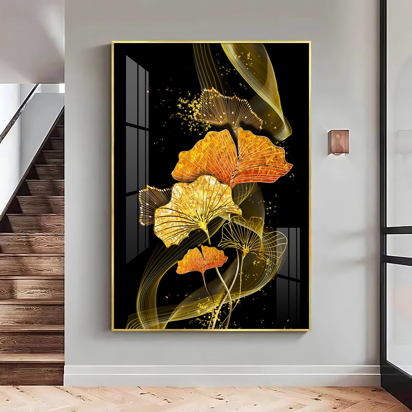 Golden Elegance Bloom Glass Finish Vertical Wall Art