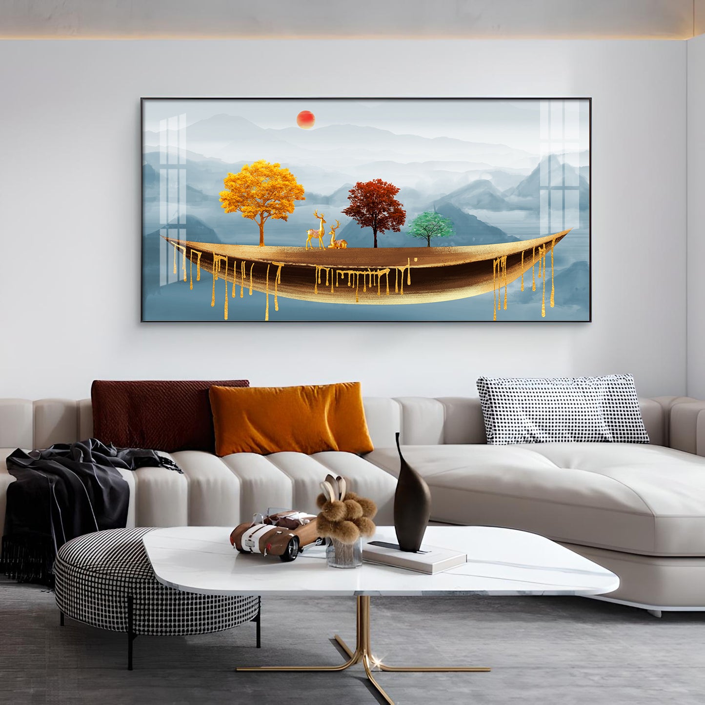 Golden Abstract Landscape Art Colored Line Tree Glass Finish Horizontal Wall Art
