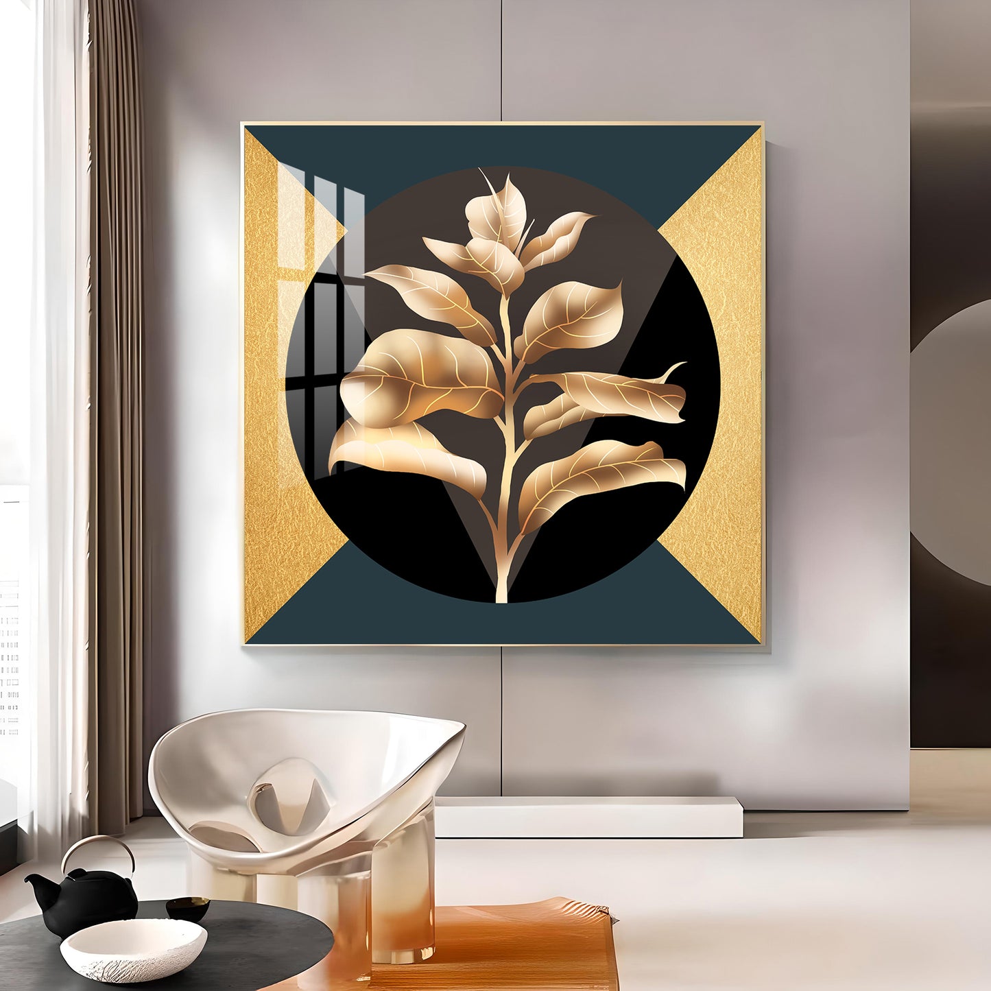 Golden Leaf Glass Finish Square Wall Art