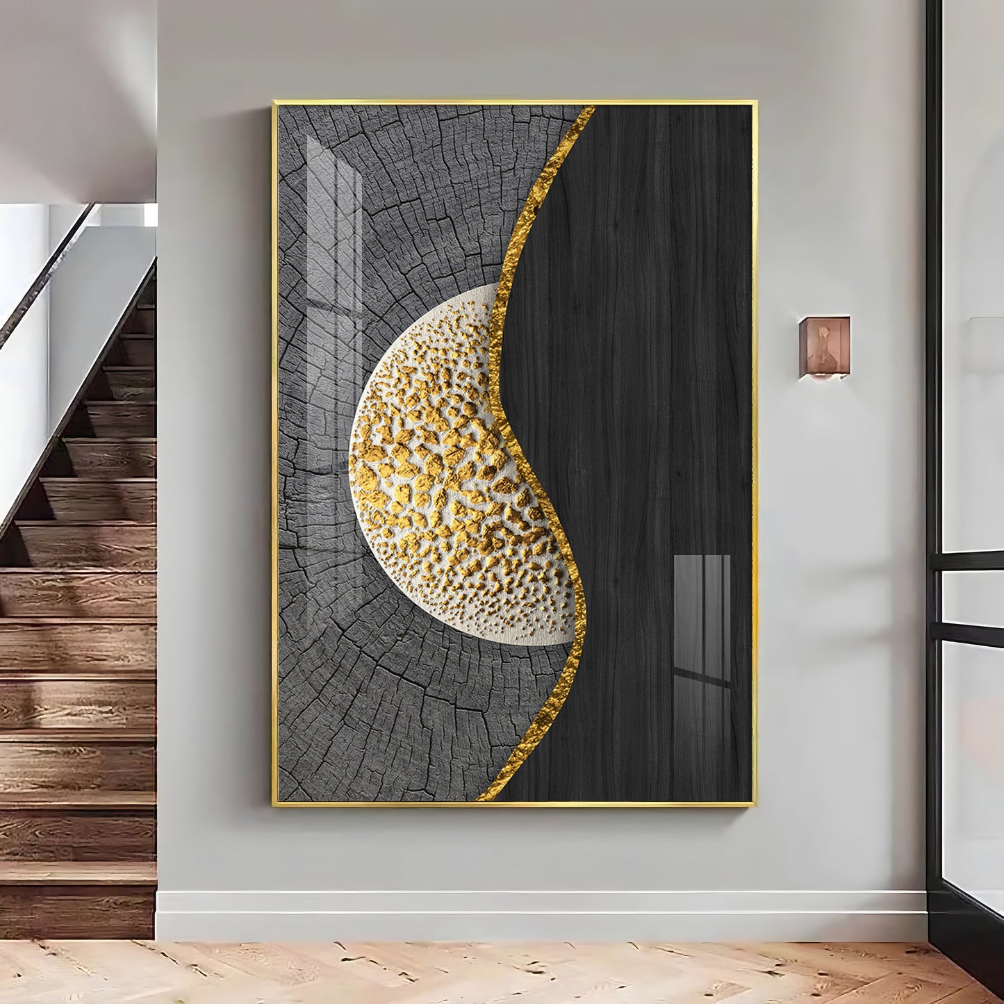 Golden Harmony Glass Finish Vertical Wall Art