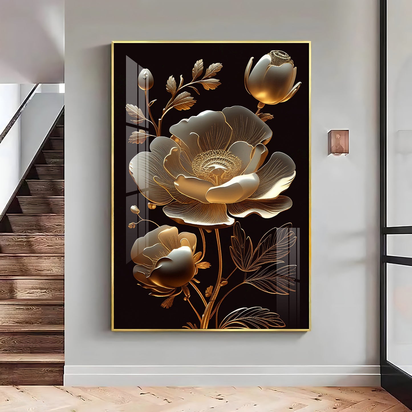 Midnight Floral Symphony Glass Finish Vertical Wall Art