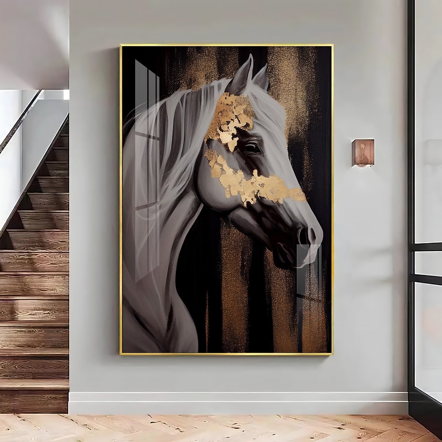 Whispers of Gold Horse Glass Finish Vertical Wall Art