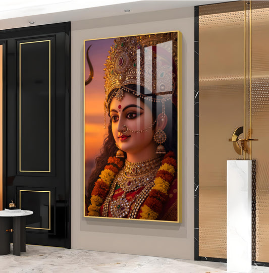 Maa Durga Glass Finish Vertical Wall Art