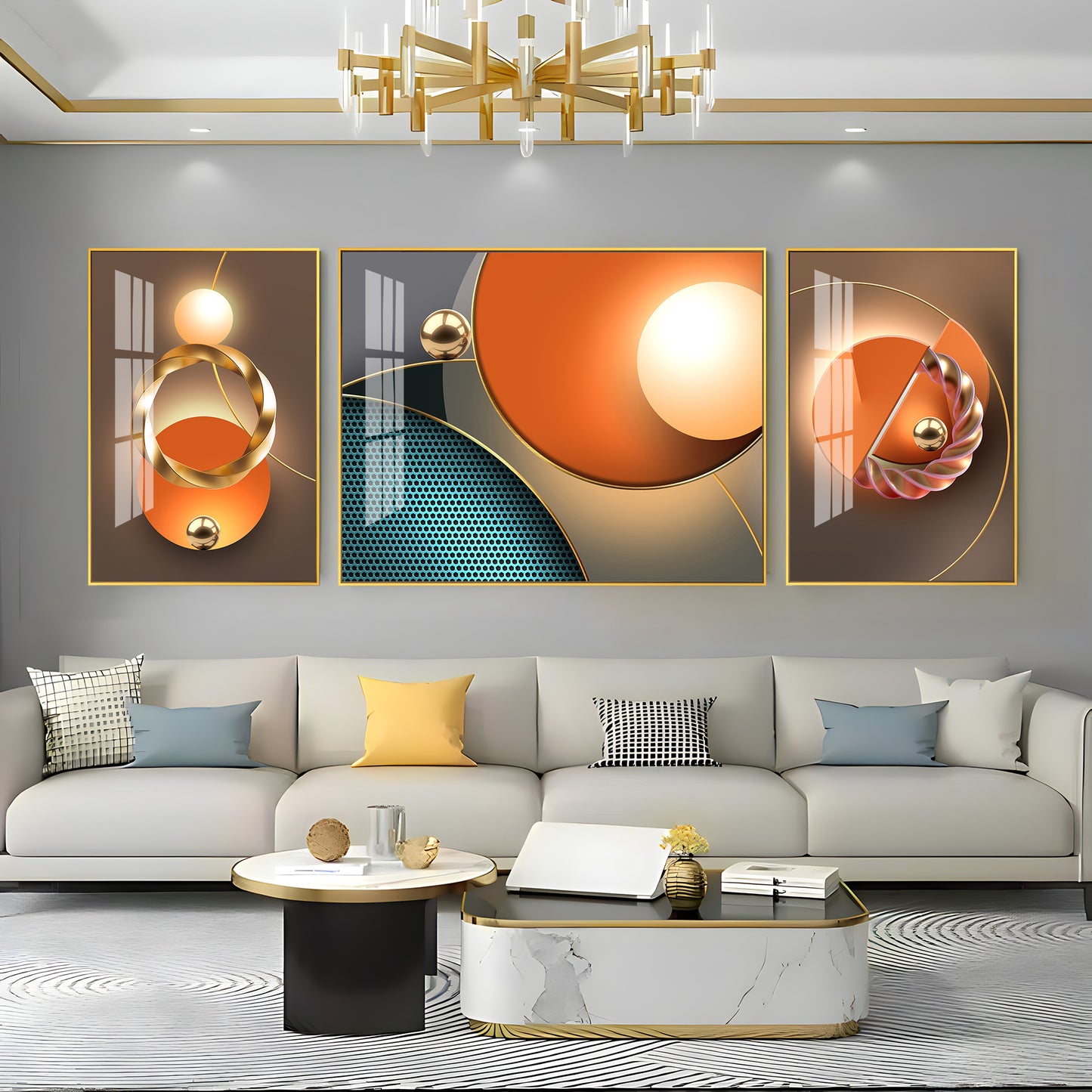 Goldern Circle Abstract Glass Finish Wall Art (Set Of 3)