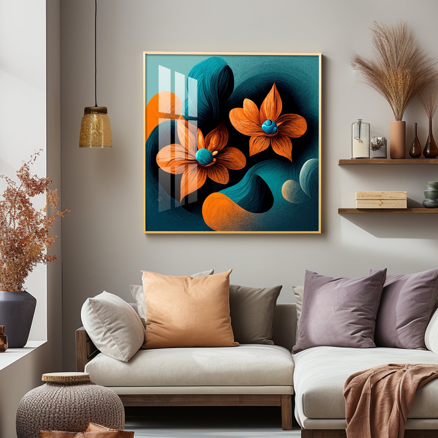 Orange and Blue Blossom Fusion Glass Finish Square Wall Art