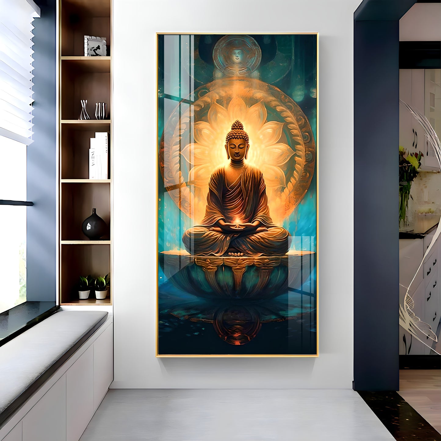 Buddha's Peaceful Retreat Glass Finish Vertical Wall Art