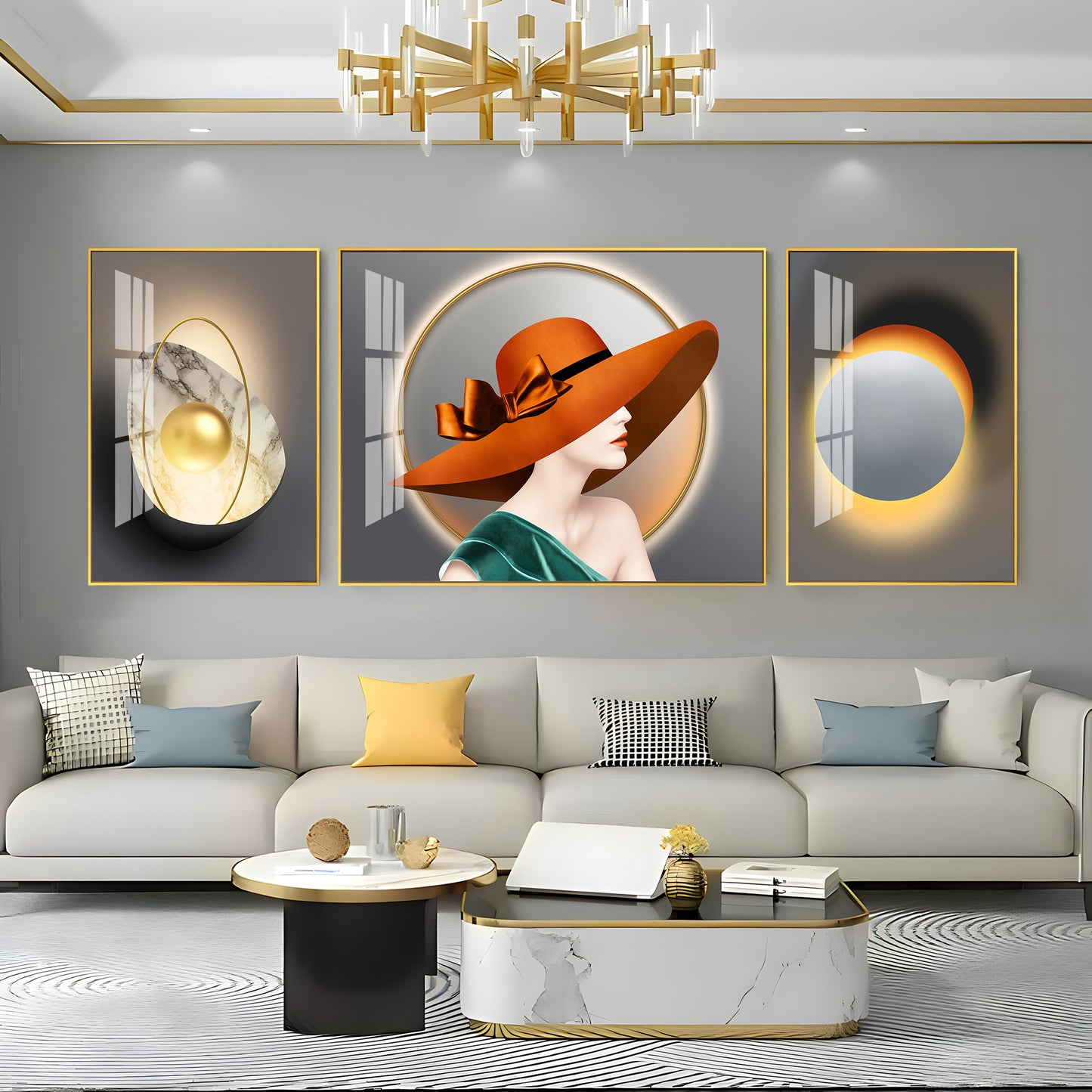 Girl With Orange Hat Glass Finish Wall Art (Set Of 3)
