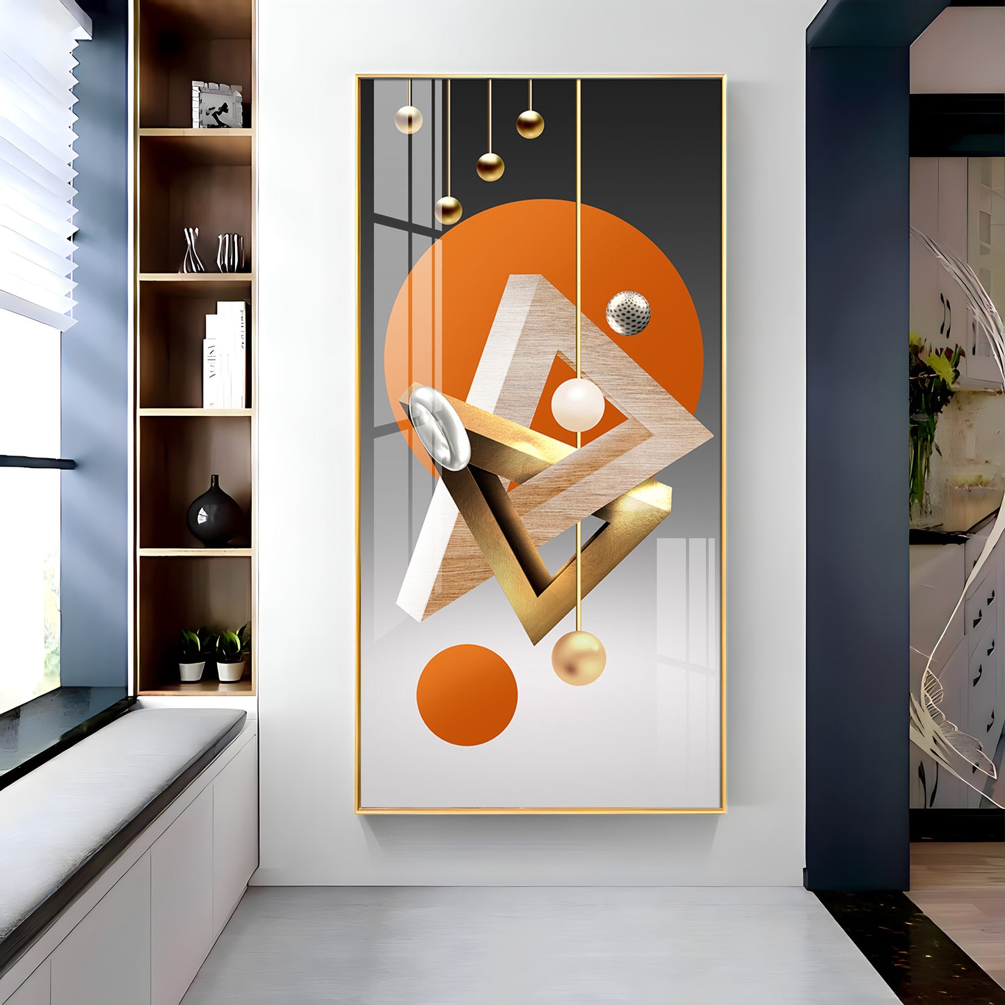 Triangular Geometry Glass Finish Vertical Wall Art