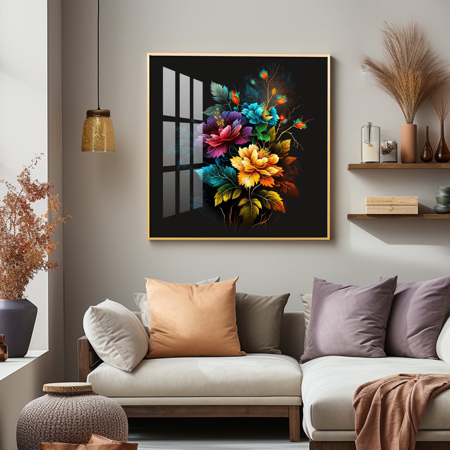 Dark Floral Symphony Glass Finish Square Wall Art