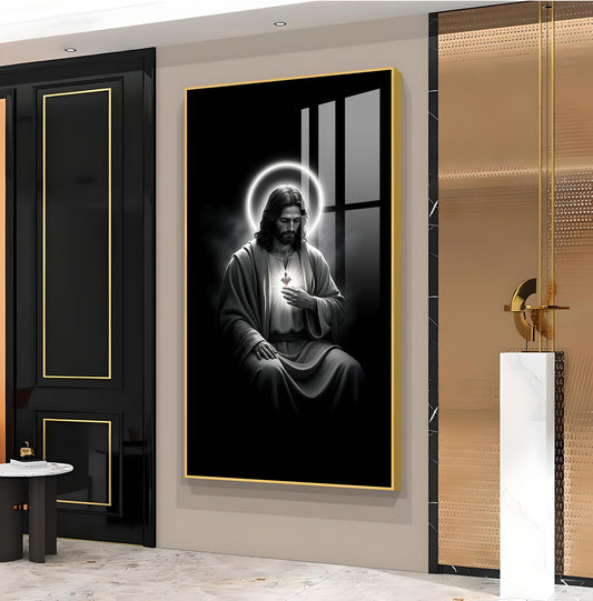 Jesus Black and White Glass Finish vertical Wall Art